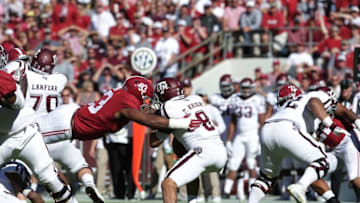 Oct 22, 2016; Tuscaloosa, AL, USA; Alabama Crimson Tide defensive lineman Jonathan Allen (93) hits Texas A&M Aggies quarterback Trevor Knight (8) during the first quarter at Bryant-Denny Stadium. Mandatory Credit: Marvin Gentry-USA TODAY Sports