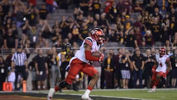Nov 10, 2016; Tempe, AZ, USA; Utah Utes defensive back Marcus Williams (20) returns an interception against the Arizona State Sun Devils during the first half at Sun Devil Stadium. Mandatory Credit: Joe Camporeale-USA TODAY Sports