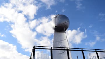 ATLANTA, GEORGIA - FEBRUARY 03: A replica statue of the Vince Lombardi trophy stands prior to Super Bowl LIII between the New England Patriots and Los Angeles Rams outside Mercedes-Benz Stadium on February 03, 2019 in Atlanta, Georgia. (Photo by Logan Riely/Getty Images)