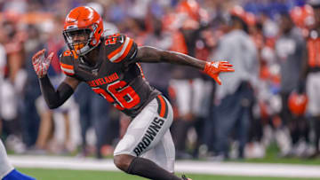 INDIANAPOLIS, IN - AUGUST 17: Greedy Williams #26 of the Cleveland Browns is seen during the preseason game against the Indianapolis Colts at Lucas Oil Stadium on August 17, 2019 in Indianapolis, Indiana. (Photo by Michael Hickey/Getty Images)