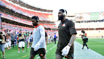 CLEVELAND, OHIO - AUGUST 08: Wide receivers Jarvis Landry #80 and Odell Beckham #13 of the Cleveland Browns walk off the field after warming up prior to a preseason game against the Washington Redskins at FirstEnergy Stadium on August 08, 2019 in Cleveland, Ohio. (Photo by Jason Miller/Getty Images)