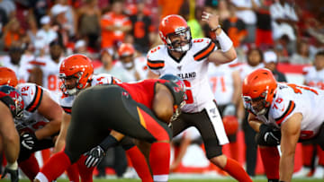 TAMPA, FL - AUGUST 23: Baker Mayfield #6 of the Cleveland Browns makes an adjustment in the first quarter of the preseason game at Raymond James Stadium on August 23, 2019 in Tampa, Florida. (Photo by Will Vragovic/Getty Images)