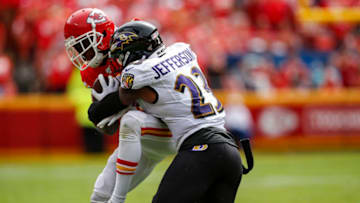 KANSAS CITY, MO - SEPTEMBER 22: Tony Jefferson #23 of the Baltimore Ravens tackles Mecole Hardman #17 of the Kansas City Chiefs in the second quarter at Arrowhead Stadium on September 22, 2019 in Kansas City, Missouri. (Photo by David Eulitt/Getty Images)