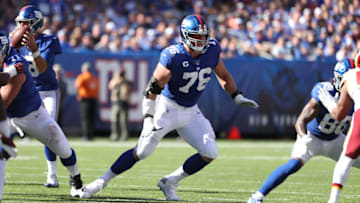 EAST RUTHERFORD, NEW JERSEY - SEPTEMBER 29: Nate Solder #76 of the New York Giants in action against the Washington Redskins during their game at MetLife Stadium on September 29, 2019 in East Rutherford, New Jersey. (Photo by Al Bello/Getty Images)