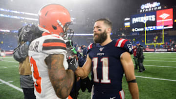 FOXBOROUGH, MA - OCTOBER 27: Odell Beckham Jr. #13 of the Cleveland Browns shakes hands with Julian Edelman #11 of the New England Patriots following the game at Gillette Stadium on October 27, 2019 in Foxborough, Massachusetts. (Photo by Kathryn Riley/Getty Images)