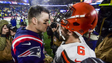 FOXBOROUGH, MA - OCTOBER 27: Tom Brady #12 of the New England Patriots talks with Baker Mayfield #6 of the Cleveland Browns after a game against the New England Patriots at Gillette Stadium on October 27, 2019 in Foxborough, Massachusetts. (Photo by Billie Weiss/Getty Images)
