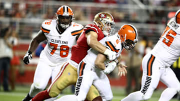 SANTA CLARA, CALIFORNIA - OCTOBER 07: Nick Bosa #97 of the San Francisco 49ers sacks Baker Mayfield #6 of the Cleveland Browns and forces a fumble at Levi's Stadium on October 07, 2019 in Santa Clara, California. (Photo by Ezra Shaw/Getty Images)