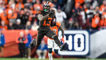 DENVER, CO - NOVEMBER 3: Odell Beckham #13 of the Cleveland Browns leaps as he runs for a first down after a catch in the fourth quarter of a game against the Denver Broncos at Empower Field at Mile High on November 3, 2019 in Denver, Colorado. (Photo by Dustin Bradford/Getty Images)