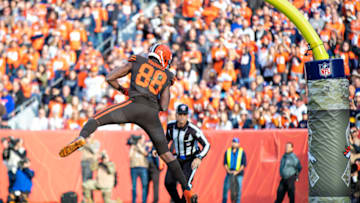DENVER, CO - NOVEMBER 3: Demetrius Harris #88 of the Cleveland Browns catches a pass in the back of the end zone but lands out of bounds during a game against the Denver Broncos at Broncos Stadium at Mile High on November 3, 2019 in Denver, Colorado. The Broncos defeated the Browns 24-19. (Photo by Wesley Hitt/Getty Images)