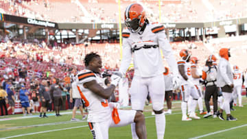 SANTA CLARA, CALIFORNIA - OCTOBER 07: Terrance Mitchell #39 and Chad Thomas #92 of the Cleveland Browns together during pregame warm ups prior to the start of an NFL football game against the San Francisco 49ers of the Cleveland Browns at Levi's Stadium on October 07, 2019 in Santa Clara, California. (Photo by Thearon W. Henderson/Getty Images)