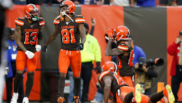 CLEVELAND, OH - NOVEMBER 10: Rashard Higgins #81 of the Cleveland Browns celebrates after catching the game winning touchdown during the fourth quarter of the game against the Buffalo Bills at FirstEnergy Stadium on November 10, 2019 in Cleveland, Ohio. Cleveland defeated Buffalo 19-16. (Photo by Kirk Irwin/Getty Images)