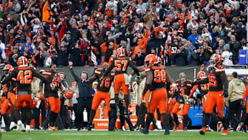 CLEVELAND, OH - NOVEMBER 10: Greg Robinson #78 of the Cleveland Browns and Adarius Taylor #57 celebrate after Stephen Hauschka #4 of the Buffalo Bills missed what would have been a game tying field goal at the end of the game at FirstEnergy Stadium on November 10, 2019 in Cleveland, Ohio. Cleveland defeated Buffalo 19-16. (Photo by Kirk Irwin/Getty Images)