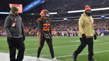 CLEVELAND, OH - NOVEMBER 14: Damarious Randall #23 of the Cleveland Browns is escorted to the locker room after being ejected in the third quarter against the Pittsburgh Steelers at FirstEnergy Stadium on November 14, 2019 in Cleveland, Ohio. Cleveland defeated Pittsburgh 21-7. (Photo by Jamie Sabau/Getty Images)