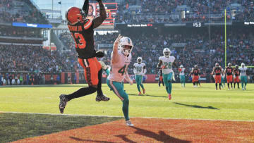 CLEVELAND, OH - NOVEMBER 24: Odell Beckham Jr. #13 of the Cleveland Browns pulls in a 35-yard touchdown catch in the first quarter as Nik Needham #40 of the Miami Dolphins defends at FirstEnergy Stadium on November 24, 2019 in Cleveland, Ohio. (Photo by Jamie Sabau/Getty Images)