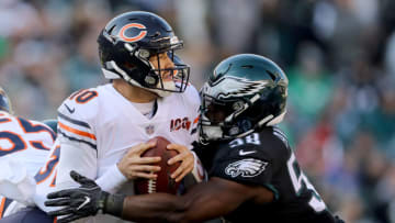 PHILADELPHIA, PENNSYLVANIA - NOVEMBER 03: Mitchell Trubisky #10 of the Chicago Bears is sacked by Genard Avery #58 of the Philadelphia Eagles in the second quarter at Lincoln Financial Field on November 03, 2019 in Philadelphia, Pennsylvania. (Photo by Elsa/Getty Images)