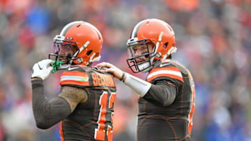 CLEVELAND, OHIO - NOVEMBER 10: Wide receiver Odell Beckham #13 talks with quarterback Baker Mayfield #6 of the Cleveland Browns during the first half against the Buffalo Bills at FirstEnergy Stadium on November 10, 2019 in Cleveland, Ohio. (Photo by Jason Miller/Getty Images)