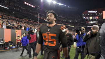 CLEVELAND, OHIO - NOVEMBER 14: Defensive end Myles Garrett #95 of the Cleveland Browns walks off the field after being ejected from the game during the second half at FirstEnergy Stadium on November 14, 2019 in Cleveland, Ohio. The Browns defeated the Steelers 21-7. (Photo by Jason Miller/Getty Images)
