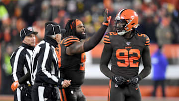 CLEVELAND, OHIO - NOVEMBER 14: Defensive tackle Sheldon Richardson #98 talks to defensive end Chad Thomas #92 of the Cleveland Browns after an argument with the Pittsburgh Steelers during the second half at FirstEnergy Stadium on November 14, 2019 in Cleveland, Ohio. The Browns defeated the Steelers 21-7. (Photo by Jason Miller/Getty Images)