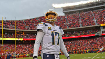 KANSAS CITY, MO - DECEMBER 29: Quarterback Philip Rivers #17 of the Los Angeles Chargers looks up into the stands during the second half against the Kansas City Chiefs at Arrowhead Stadium on December 29, 2019 in Kansas City, Missouri. (Photo by Peter Aiken/Getty Images)