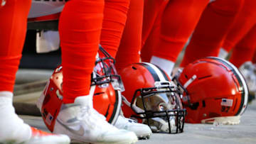GLENDALE, ARIZONA - DECEMBER 15: Cleveland Browns players and helmets during the first half of the NFL football game against the Arizona Cardinals at State Farm Stadium on December 15, 2019 in Glendale, Arizona. (Photo by Ralph Freso/Getty Images)