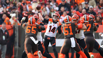 CLEVELAND, OHIO - DECEMBER 08: Andy Dalton #14 of the Cincinnati Bengals plays against the Cleveland Browns at FirstEnergy Stadium on December 08, 2019 in Cleveland, Ohio. (Photo by Gregory Shamus/Getty Images)