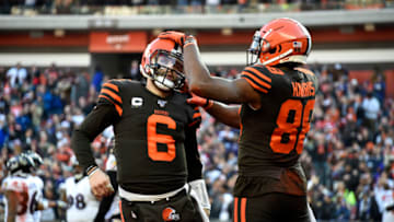 CLEVELAND, OHIO - DECEMBER 22: Baker Mayfield #6 and Demetrius Harris #88 of the Cleveland Browns celebrate after scoring a touchdown against the Baltimore Ravens during the second quarter in the game at FirstEnergy Stadium on December 22, 2019 in Cleveland, Ohio. (Photo by Jason Miller/Getty Images)