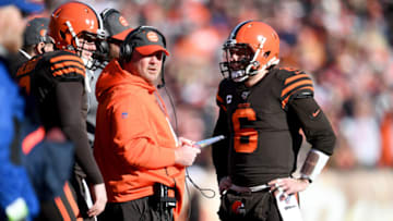 CLEVELAND, OHIO - DECEMBER 22: Head coach Freddie Kitchens of the Cleveland Browns talks with Baker Mayfield #6 against the Baltimore Ravens during the second quarter in the game at FirstEnergy Stadium on December 22, 2019 in Cleveland, Ohio. (Photo by Jason Miller/Getty Images)
