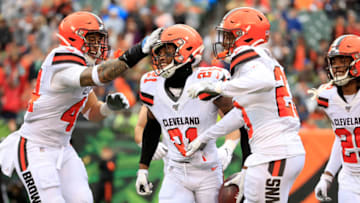 CINCINNATI, OHIO - DECEMBER 29: Denzel Ward #21 of the Cleveland Browns celebrates with teammates after intercepting a pass during the game against the Cincinnati Bengals at Paul Brown Stadium on December 29, 2019 in Cincinnati, Ohio. (Photo by Andy Lyons/Getty Images)
