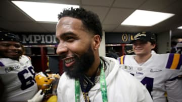 NEW ORLEANS, LOUISIANA - JANUARY 13: Odell Beckham Jr. celebrates in the locker room the LSU Tigers after their 42-25 win over Clemson Tigers in the College Football Playoff National Championship game at Mercedes Benz Superdome on January 13, 2020 in New Orleans, Louisiana. (Photo by Chris Graythen/Getty Images)