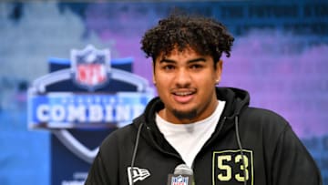 INDIANAPOLIS, INDIANA - FEBRUARY 26: Tristan Wirfs #OL53 of the Iowa interviews during the second day of the 2020 NFL Scouting Combine at Lucas Oil Stadium on February 26, 2020 in Indianapolis, Indiana. (Photo by Alika Jenner/Getty Images)