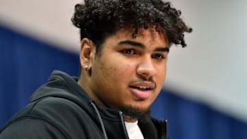 INDIANAPOLIS, INDIANA - FEBRUARY 26: Tristan Wirfs #OL53 of Iowa interviews during the second day of the 2020 NFL Scouting Combine at Lucas Oil Stadium on February 26, 2020 in Indianapolis, Indiana. (Photo by Alika Jenner/Getty Images)