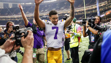 NEW ORLEANS, LA - JANUARY 13: Safety Grant Delpit #7 of the LSU Tigers raises his hands to the fans while he is leaving the field after the College Football Playoff National Championship game against the Clemson Tigers at the Mercedes-Benz Superdome on January 13, 2020 in New Orleans, Louisiana. LSU defeated Clemson 42 to 25. (Photo by Don Juan Moore/Getty Images)