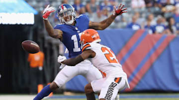 EAST RUTHERFORD, NJ - AUGUST 09: Hunter Sharp #15 of the New York Giants does not make the catch as Damarious Randall #23 of the Cleveland Browns defends in the first quarter during their preseason game on August 9,2018 at MetLife Stadium in East Rutherford, New Jersey. (Photo by Elsa/Getty Images)