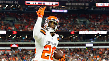 CLEVELAND, OH - AUGUST 23: Briean Boddy-Calhoun #20 of the Cleveland Browns celebrates after an catching an interception during the first half of a preseason game against the Philadelphia Eagles at FirstEnergy Stadium on August 23, 2018 in Cleveland, Ohio. (Photo by Jason Miller/Getty Images)