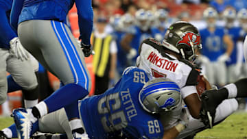 TAMPA, FL - AUGUST 24: Jameis Winston #3 of the Tampa Bay Buccaneers is sacked by Anthony Zettel #69 of the Detroit Lions during a preseason game at Raymond James Stadium on August 24, 2018 in Tampa, Florida. (Photo by Mike Ehrmann/Getty Images)