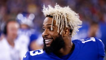 EAST RUTHERFORD, NJ - AUGUST 30: Odell Beckham #13 of the New York Giants stands on the sidelines during a pre-season NFL game against the New England Patriots at MetLife Stadium on August 30, 2018 in East Rutherford, New Jersey. (Photo by Jeff Zelevansky/Getty Images)