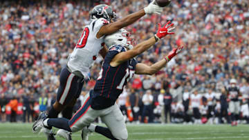 FOXBOROUGH, MA - SEPTEMBER 09: Kevin Johnson #30 of the Houston Texans deflects a pass intended for Chris Hogan #15 of the New England Patriots during the second half at Gillette Stadium on September 9, 2018 in Foxborough, Massachusetts. (Photo by Jim Rogash/Getty Images)