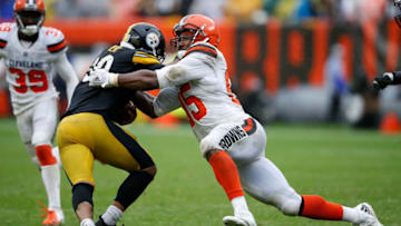 CLEVELAND, OH - SEPTEMBER 09: Myles Garrett #95 of the Cleveland Browns forces a fumble on James Conner #30 of the Pittsburgh Steelers during the fourth quarter at FirstEnergy Stadium on September 9, 2018 in Cleveland, Ohio. (Photo by Joe Robbins/Getty Images)