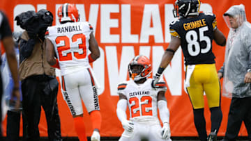 CLEVELAND, OH - SEPTEMBER 09: Jabrill Peppers #22 celebrates his fumble recovery with Damarious Randall #23 of the Cleveland Browns during the fourth quarter against the Pittsburgh Steelers at FirstEnergy Stadium on September 9, 2018 in Cleveland, Ohio. (Photo by Joe Robbins/Getty Images)