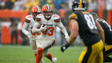 CLEVELAND, OH - SEPTEMBER 09: Joe Schobert #53 of the Cleveland Browns returns an interception during overtime against the Pittsburgh Steelers the at FirstEnergy Stadium on September 9, 2018 in Cleveland, Ohio. The game ended in a 21-21 tie. (Photo by Joe Robbins/Getty Images)
