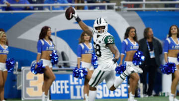 DETROIT, MI - SEPTEMBER 10: Darron Lee #58 of the New York Jets intercepts the ball, runs it in for a touchdown in the second half against the Detroit Lions at Ford Field on September 10, 2018 in Detroit, Michigan. (Photo by Joe Robbins/Getty Images)