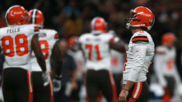 NEW ORLEANS, LA - SEPTEMBER 16: Zane Gonzalez #2 of the Cleveland Browns reacts after missing a field goal during the fourth quarter against the New Orleans Saints at Mercedes-Benz Superdome on September 16, 2018 in New Orleans, Louisiana. (Photo by Sean Gardner/Getty Images)