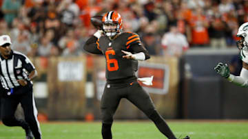 CLEVELAND, OH - SEPTEMBER 20: Baker Mayfield #6 of the Cleveland Browns throws a pass during the third quarter against the New York Jets at FirstEnergy Stadium on September 20, 2018 in Cleveland, Ohio. (Photo by Joe Robbins/Getty Images)