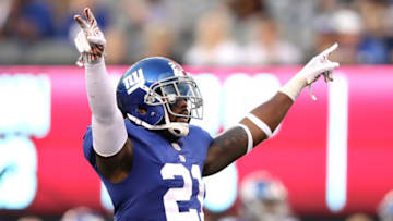 EAST RUTHERFORD, NJ - SEPTEMBER 30: Landon Collins #21 of the New York Giants celebrates after breaking up a pass against the New Orleans Saints at MetLife Stadium on September 30, 2018 in East Rutherford, New Jersey. (Photo by Elsa/Getty Images)