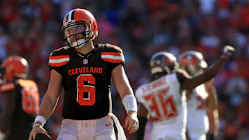 TAMPA, FL - OCTOBER 21: Baker Mayfield #6 of the Cleveland Browns reacts to a play during a game against the Tampa Bay Buccaneers at Raymond James Stadium on October 21, 2018 in Tampa, Florida. (Photo by Mike Ehrmann/Getty Images)