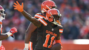 CLEVELAND, OH - NOVEMBER 04: Antonio Callaway #11 of the Cleveland Browns celebrates after picking up a first down during the first half against the Kansas City Chiefs at FirstEnergy Stadium on November 4, 2018 in Cleveland, Ohio. (Photo by Jason Miller/Getty Images)