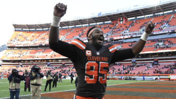 CLEVELAND, OH - NOVEMBER 11: Myles Garrett #95 of the Cleveland Browns celebrates defeating the Atlanta Falcons at FirstEnergy Stadium on November 11, 2018 in Cleveland, Ohio. The Browns won 28 to 16. (Photo by Jason Miller/Getty Images)