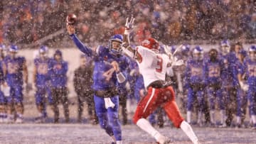 BOISE, ID - DECEMBER 1: Quarterback Brett Rypien #4 of the Boise State Broncos throws a pass through the defensive end Mykal Walker #3 of the Fresno State Bulldogs during first half action in the Mountain West Championship on December 1, 2018 at Albertsons Stadium in Boise, Idaho. Fresno State won the game 19-16 in overtime. (Photo by Loren Orr/Getty Images)