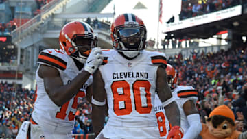 CLEVELAND, OH - DECEMBER 09: Jarvis Landry #80 of the Cleveland Browns celebrates his touchdown with Breshad Perriman #19 during the first quarter against the Carolina Panthers at FirstEnergy Stadium on December 9, 2018 in Cleveland, Ohio. (Photo by Jason Miller/Getty Images)
