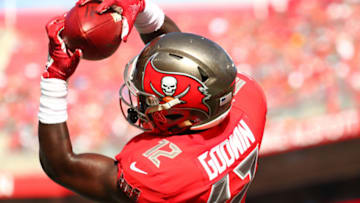TAMPA, FLORIDA - DECEMBER 02: Chris Godwin #12 of the Tampa Bay Buccaneers catches a touchdown pass thrown by Jameis Winston #3 during the second quarter at Raymond James Stadium on December 02, 2018 in Tampa, Florida. (Photo by Will Vragovic/Getty Images)